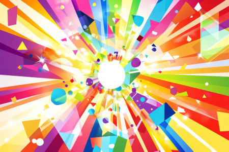Illustration of a colorful burst of triangles, squares, and circles arranged in a vibrant and eye catching pattern. The bright colors and sharp shapes convey an energetic and playful vibe, perfect for dynamic graphic designs.の素材