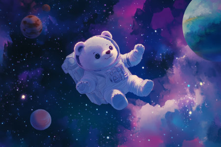 Illustration of a friendly astronaut bear floating in space, surrounded by sparkling stars and distant planets. Its cute, wide eyed expression and the soft colors of space give the scene a whimsical, adventurous vibe.の素材
