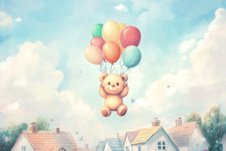 Illustration of a cheerful teddy bear holding a bunch of colorful balloons, floating gently above a tiny whimsical village. The soft pastel colors and dreamy sky create a heartwarming and playful atmosphere.の素材