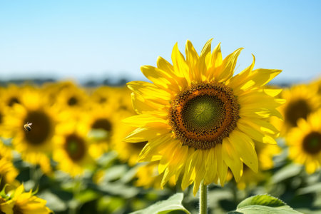 A sun drenched sunflower field stretching endlessly toward the horizon, with bees buzzing around the towering golden blooms. The clear blue sky creates a perfect contrast to the warm tones of the flowers.の素材