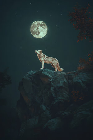 A majestic wolf standing on a rocky cliff under a full moon, howling into the night. Its thick fur is illuminated by the moonlight, and its piercing eyes reflect the wild spirit of nature. A mysterious and powerful atmosphere fills the illustration.の素材