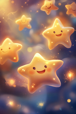 Illustration of a group of smiling star shaped characters floating in a dreamy night sky. The stars have cute little faces, while soft glowing light surrounds them, creating a charming and whimsical atmosphere for children illustrations.の素材