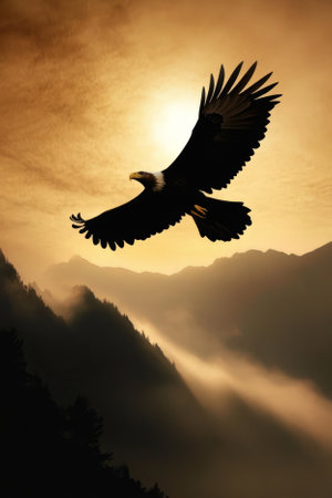 A majestic eagle soaring high above a misty mountain range, its wings spread wide as it glides effortlessly. The sun rises behind it, casting a dramatic silhouette against the golden hued sky.の素材