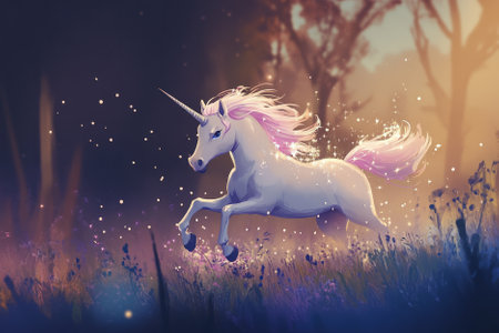 Illustration of a dreamy unicorn with a shimmering pastel colored mane, prancing through a starlit meadow. Tiny sparkles surround its hooves as it gracefully moves across the soft grass, creating a magical and whimsical fairytale atmosphere.の素材