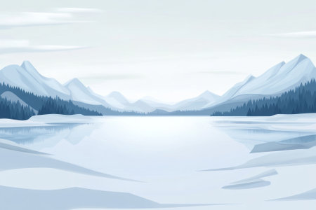 Illustration of a large, frozen lake surrounded by snow covered mountains. The sky above is pale and clear, with soft clouds drifting by, and the whole scene feels calm and peaceful, evoking a sense of serene solitude.の素材
