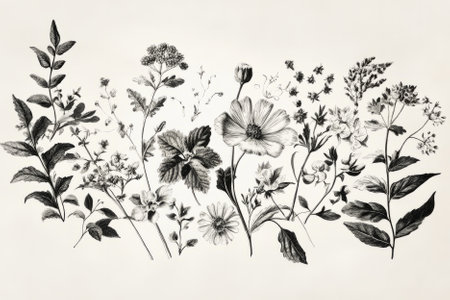 A detailed botanical illustration featuring an intricate arrangement of wildflowers, herbs, and leaves. The vintage style sketching technique gives it a timeless and elegant appearance.の素材