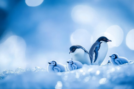 A charming group of penguins waddling across a frozen tundra, their fluffy chicks nestled closely. The cool blue tones of the icy landscape contrast beautifully with their sleek black and white feathers.の素材