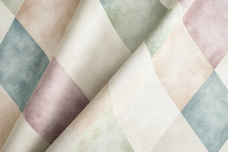A chic harlequin diamond pattern in muted pastel tones, featuring a subtle watercolor texture for a sophisticated, vintage inspired look. The soft colors create a gentle, refined aesthetic.の素材