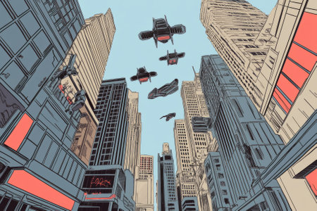 Illustration of a futuristic cityscape with towering skyscrapers made of glass and metal, pulsating neon signs, and flying vehicles soaring through the air. The streets are alive with robotic merchants and cybernetic inhabitants, evoking a sense of high tech wonder and possibility.の素材