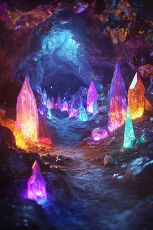 A glowing crystal cave filled with vibrant, multicolored gems and sparkling crystals. The soft light from within the crystals creates a magical, otherworldly atmosphere, perfect for a fantasy setting.の素材
