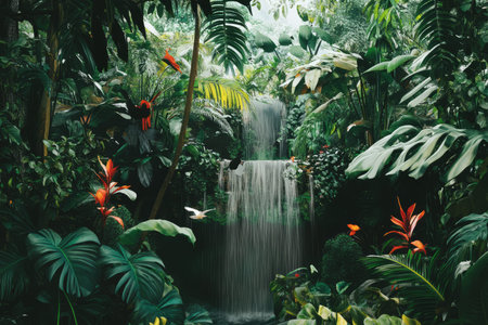 Illustration of a lush, tropical jungle with cascading waterfalls. The sound of water flowing is almost audible as exotic birds fly overhead, and dense foliage surrounds the viewer, creating a magical, dreamlike environment.の素材