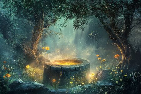 Illustration of a hidden grove with an ancient stone well in the center, surrounded by glowing mushrooms and a soft mist. A mythical creature peers from behind the trees, adding an air of mystery and magic to the scene.の素材
