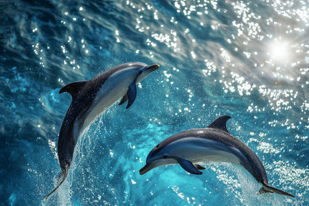 A pair of dolphins leaping in perfect harmony through the sparkling turquoise ocean. Sunlight reflects off their sleek, smooth skin, creating a mesmerizing dance of light and water droplets in the air.の素材