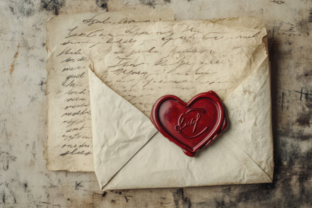 Illustration of a love letter with delicate handwritten script and a heart shaped wax seal. The vintage paper and soft colors evoke feelings of romance and sentimentality, perfect for a heartfelt moment.の素材