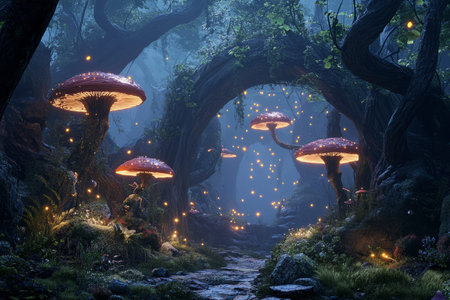 A mystical enchanted forest bathed in twilight, with glowing mushrooms, floating fireflies, and ancient twisted trees forming archways.の素材
