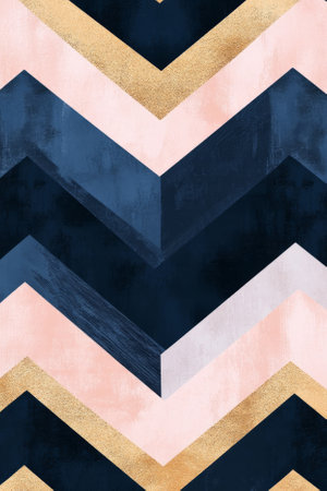 A stylish chevron pattern with a modern color palette of deep navy, blush pink, and warm gold, creating a sophisticated and trendy look.の素材