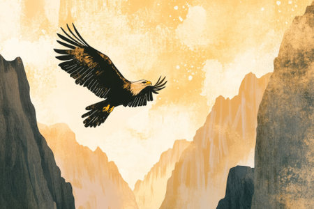 Illustration of a majestic eagle soaring high above a rugged mountain range, its wings fully extended as it glides effortlessly through the sky. The golden sunlight highlights the sharp details of its feathers, capturing the raw power and grace of the bird of prey.の素材