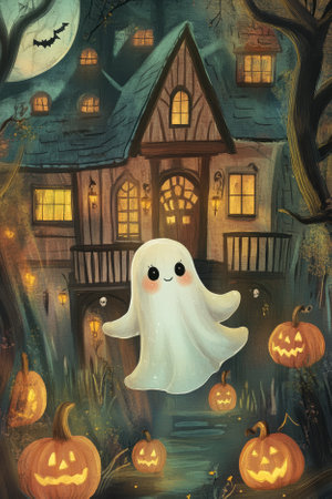 Illustration of a happy little ghost floating through a whimsical, pastel colored haunted house. The ghost is surrounded by friendly, glowing jack oÃ¢â¬â¢ lanterns and tiny bats, creating a fun and spooky yet adorable Halloween atmosphere.の素材