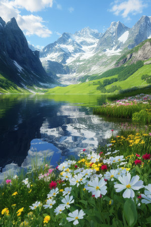 Illustration of a majestic mountain landscape with a crystal clear lake reflecting the towering snow capped peaks. The lush green valley below is dotted with colorful wildflowers, adding a vibrant contrast to the rugged natural beauty of the scene.の素材