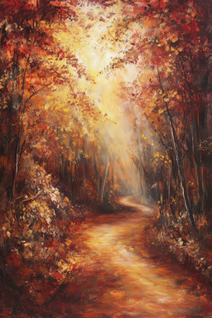 A warm autumn landscape featuring a forest path covered in golden leaves. Sunlight filters through the red and orange canopy, casting a magical glow over the peaceful scene.の素材