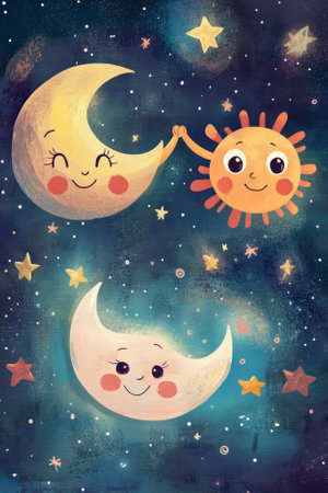 Cute cartoon moon and smiling sun on the starry sky.の素材