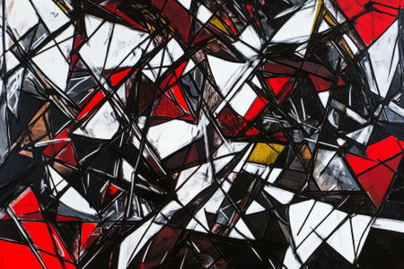 Illustration of a chaotic abstract composition with jagged lines and sharp angles in shades of black, red, and white. The contrasting colors and aggressive shapes create a sense of tension and drama.の素材