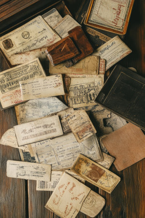 Illustration of a collection of vintage travel tickets and postcards, scattered on a rustic wooden table, evoking nostalgia for a bygone era. The sepia toned colors and intricate designs transport the viewer to a different time.の素材