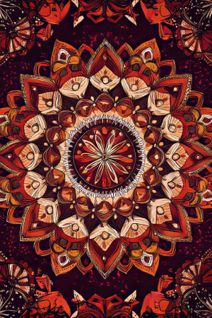 A lively, boho inspired mandala pattern with intricate geometric details and a rich, earthy color palette of deep reds, oranges, and browns.の素材