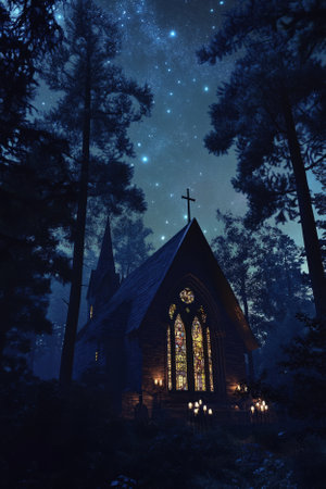A peaceful night scene of a small chapel surrounded by tall trees, with soft candlelight flickering through the stained glass windows. The sky above is filled with twinkling stars, creating a serene atmosphere.の素材