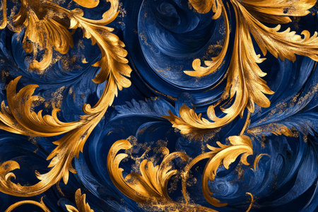 Illustration of a luxurious baroque style floral pattern in deep royal blue and shimmering gold. The ornate swirling leaves and intricate details create an opulent and elegant aesthetic, perfect for high fashion textiles.の素材
