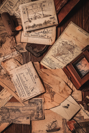 Illustration of a collection of vintage travel tickets and postcards, scattered on a rustic wooden table, evoking nostalgia for a bygone era. The sepia toned colors and intricate designs transport the viewer to a different time.の素材