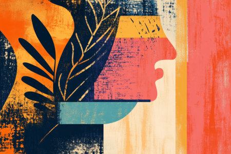 Illustration of a bold abstract design with sharp lines, vibrant colors, and a mix of organic and geometric shapes. The energy of the piece is palpable, creating a strong visual impact through bold contrast.の素材