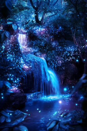An enchanted forest illuminated by bioluminescent plants, casting an ethereal glow in shades of blue and purple. Tiny fireflies dance in the air, while a small, hidden waterfall trickles into a crystal clear pool.の素材