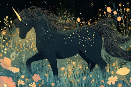 Illustration of a majestic unicorn standing in a sparkling meadow, surrounded by glowing flowers and twinkling stars. The magical creature flowing mane and the enchanting atmosphere evoke a sense of wonder and imagination.の素材