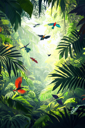 Illustration of a dense tropical jungle with vibrant green leaves, colorful birds flying through the trees, and soft sunlight filtering through the thick canopy. The richness of the flora and fauna captures the lush beauty of the rainforest.の素材