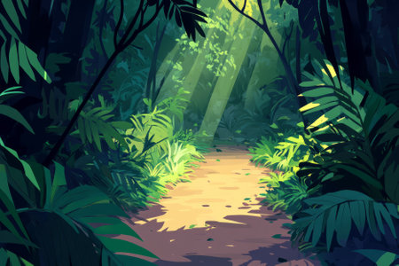 Illustration of a dense forest path surrounded by lush greenery, with sunlight peeking through the trees, casting playful shadows on the ground. The peaceful setting is perfect for a walk in nature, evoking calmness and tranquility.の素材