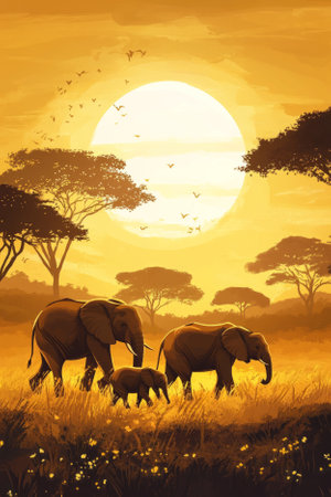 Illustration of a family of elephants walking through the African savannah at sunset. The warm tones of the setting sun illuminate the majestic creatures, creating a peaceful and beautiful moment in the wild.の素材