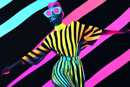 Illustration of a high fashion outfit featuring vertical stripes in bold neon colors, set against a sleek black background. The futuristic and edgy design showcases the latest in fashion trends with a modern flair.の素材