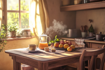 Illustration of a cozy, rustic kitchen with a wooden table set with fresh fruit and a steaming pot of tea. The warm colors and simple yet charming decor make this a welcoming and homey scene.の素材
