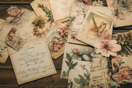 Illustration of a collection of vintage postcards scattered across a wooden table, each adorned with intricate floral designs and beautiful typography. The soft, sepia toned colors create a nostalgic, timeless feel.の素材