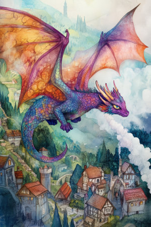 Illustration of a friendly dragon with colorful scales, blowing soft puffs of smoke while flying over a medieval village. The dragon kind eyes and the quaint village below create a delightful, imaginative scene.の素材