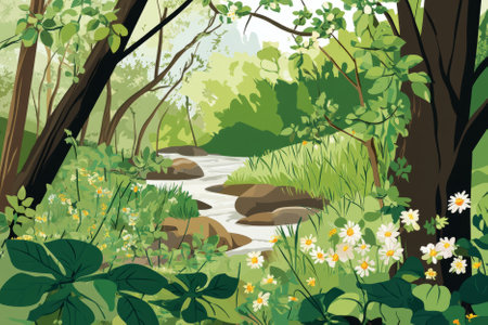 Illustration of a lush forest in early spring, with vibrant green leaves sprouting from branches and flowers blooming on the forest floor. A small creek babbles gently in the background, completing the peaceful atmosphere.の素材