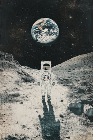 Illustration of a brave astronaut walking on the surface of the moon, with Earth visible in the distance. The vast emptiness of space contrasts with the smallness of the human figure, creating a sense of awesomeness and exploration.の素材