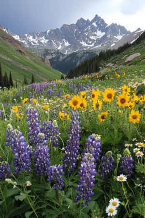 A mountain meadow filled with wildflowers, including vibrant purple lupines, golden sunflowers, and delicate daisies. The towering peaks in the background are covered with snow, and the air is fresh and crisp.の素材