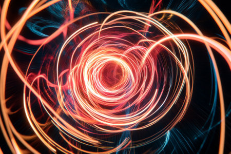 Illustration of a hypnotic spiral pattern made of thin, glowing neon lines against a dark background. The futuristic and dynamic design gives a sense of endless motion, making it perfect for modern digital art.の素材