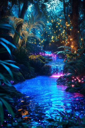 An enchanted forest illuminated by bioluminescent plants, casting an ethereal glow in shades of blue and purple. Tiny fireflies dance in the air, while a small, hidden waterfall trickles into a crystal clear pool.の素材