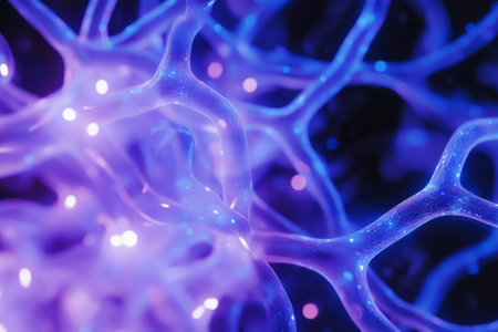 A mesmerizing visualization of futuristic data streams flowing through a high-tech neural matrix. The glowing digital pathways pulse with electric blue and purple hues, symbolizing AI evolution, machine intelligence, and cybernetic processing power. The sci-fi-inspired background is ultra-HD, featuring intricate details.の素材