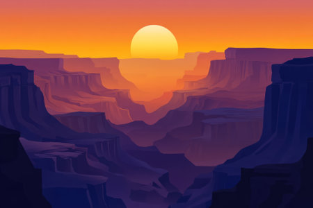 Illustration of a vast, rocky desert mountain range, with jagged cliffs and deep canyons stretching as far as the eye can see. The sun sets behind the peaks, casting long shadows and painting the sky in shades of orange and purple.の素材