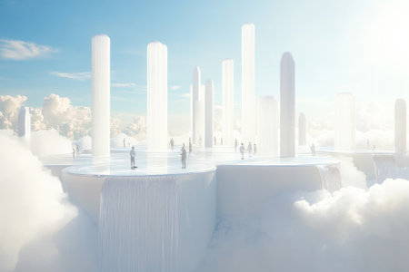 Illustration of a utopian futuristic city floating above the clouds, with sleek, white towers reflecting the sunlight. People glide through the air on hoverboards, and waterfalls cascade from the edges of floating platforms, creating a serene, modern paradise.の素材