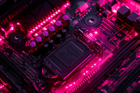 Futuristic motherboard close-up with neon-lit circuits, high-tech digital elements, cyberpunk-inspired design, ultra-HD, high-resolution photorealistic detail.の素材
